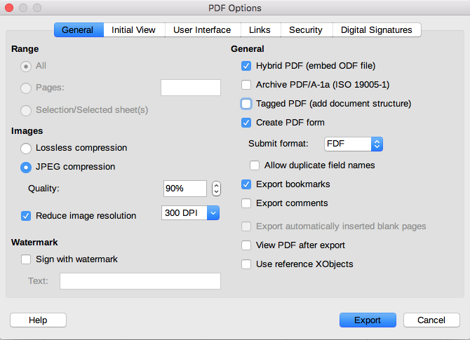 LibreOffice PDF export dialog